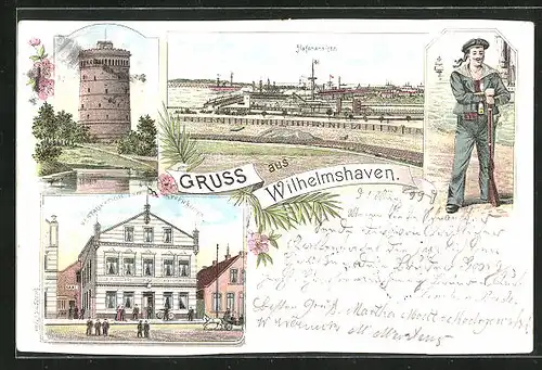 Lithographie Wilhelmshaven, Restaurant zum Kyffhäuser, Hafenansicht, Turm