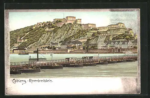 Lithographie Koblenz-Ehrenbreitstein, Teilansicht mit Booten