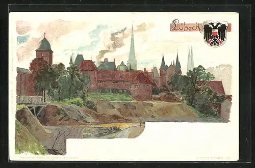 Künstler-AK Heinrich Kley: Lübeck, Panorama mit Kirchtürmen