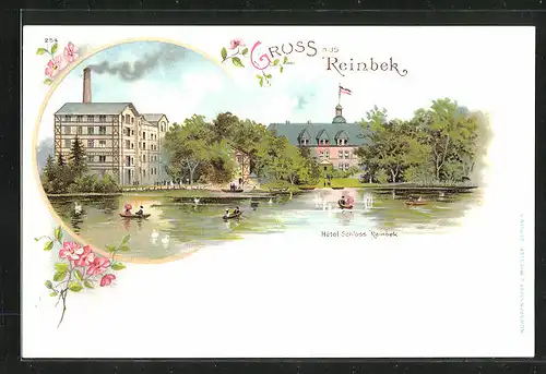 Lithographie Reinbek, Hotel Schloss Reinbek vom Wasser aus