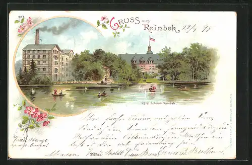 Lithographie Reinbek, Hotel Schloss Reinbek vom Wasser aus