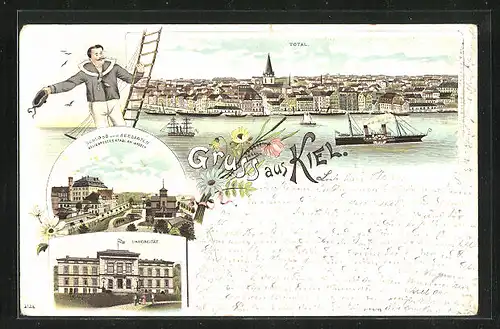 Lithographie Kiel, Seemann, Dampfer, Universität, Schloss und Seegarten