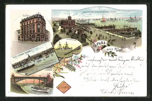 Lithographie Kiel, Kaufhaus, Hochbrücke und Kai