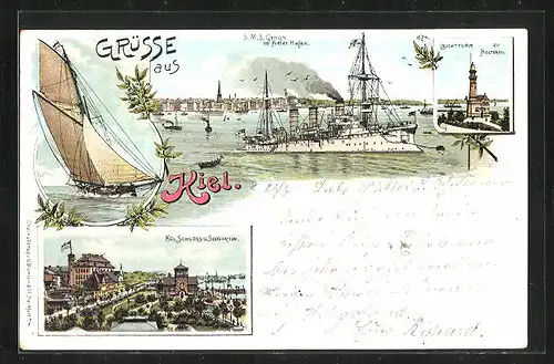 Lithographie Kiel, S.M.S. Gefion, Leuchtturm und Königliches Schloss
