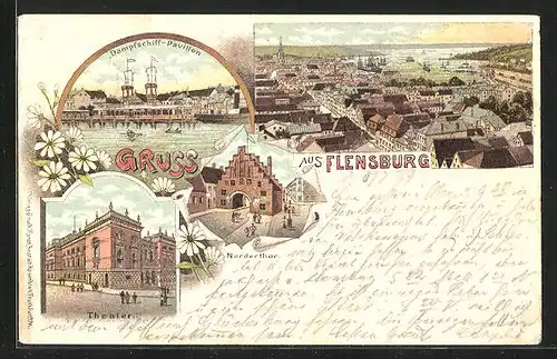 Lithographie Flensburg, Dampfschiff, Theater und Nordtor