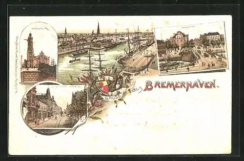 Lithographie Bremerhaven, Leuchtturm, Geestebrücke