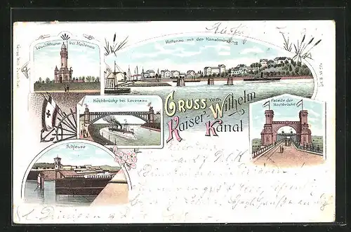 Lithographie Holtenau, Kasier-Wilhelm-Kanal, Leuchtturm, Schleuse