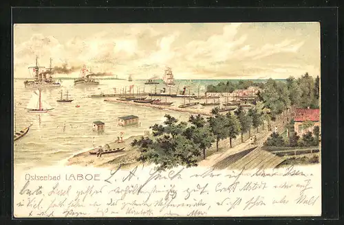 Lithographie Laboe, Blick auf den Hafen des Ostseebads
