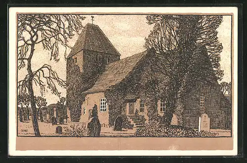 Steindruck-AK Petzen / Bückeburg, Bewachsene Kirche mit Friedhof