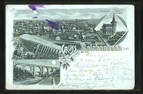 Mondschein-Lithographie Reichenbach, Restaurant Schöne Aussicht, Elsterthalbrücke, Göltzschthalbrücke