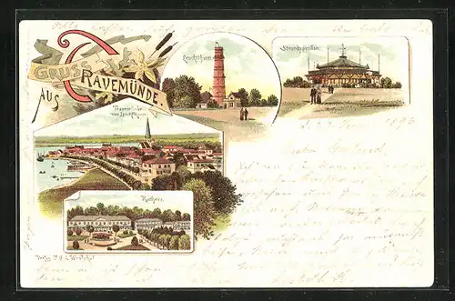 Lithographie Travemünde, Strandpavillon, Leuchtturm, Kurhaus