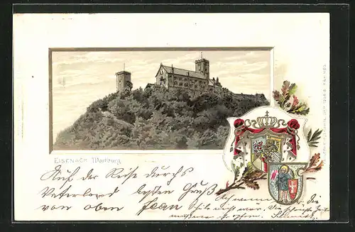 Passepartout-Lithographie Eisenach, Blick auf die Wartburg, Wappen