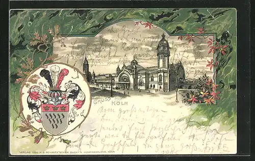 Passepartout-Lithographie Köln, Blick auf den Bahnhof, Wappen