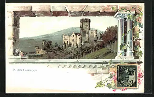 Passepartout-Lithographie Lahneck, Blick auf die Burg Lahneck, Wappen