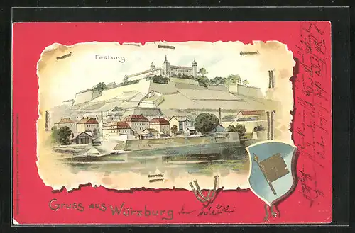 Passepartout-Lithographie Würzburg, Blick auf die Festung, Wappen