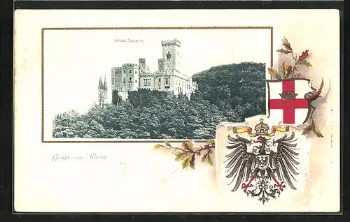Passepartout-Lithographie Stolzenfels /Rhein, Blick auf das Schloss Stolzenfels, Wappen