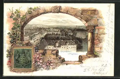 Passepartout-Lithographie Stuttgart, Blick von der Vogelschau, Wappen