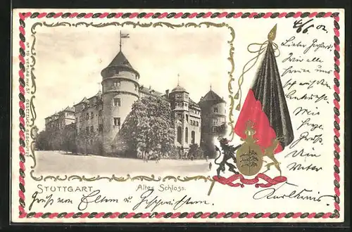 Passepartout-Lithographie Stuttgart, Blick auf das alte Schloss, Wappen