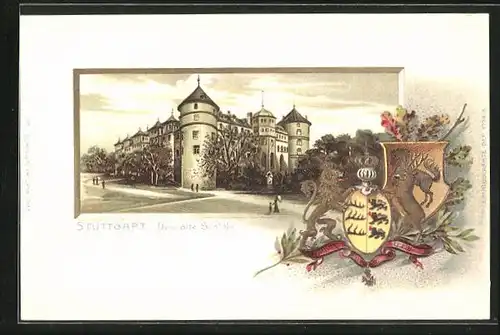 Passepartout-Lithographie Stuttgart, Blick auf das alte Schloss, Wappen