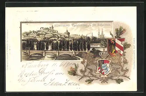 Passepartout-Lithographie Nürnberg, Panorama von St. Johannis, Wappen