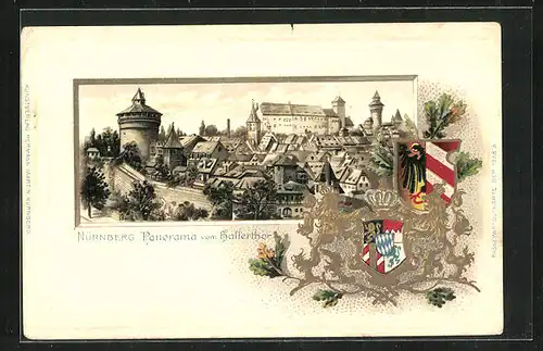 Passepartout-Lithographie Nürnberg, Panorama vom Hallertor, Wappen