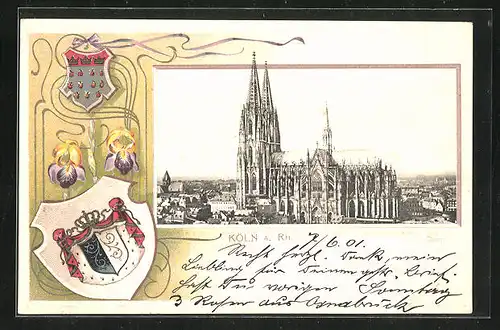 Passepartout-Lithographie Köln, Blick auf den Kölner Dom, Wappen