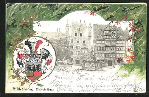Passepartout-Lithographie Hildesheim, Frontalansicht auf das Wedekindhaus, Wappen