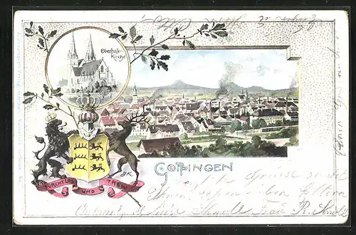 Passepartout-Lithographie Göppingen, Ortsansicht aus der Vogelschau, Oberhoferkirche, Wappen