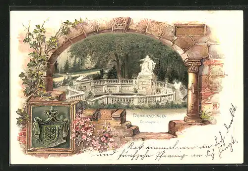 Passepartout-Lithographie Donaueschingen, Blick auf die Donauquelle, Denkmal, Wappen