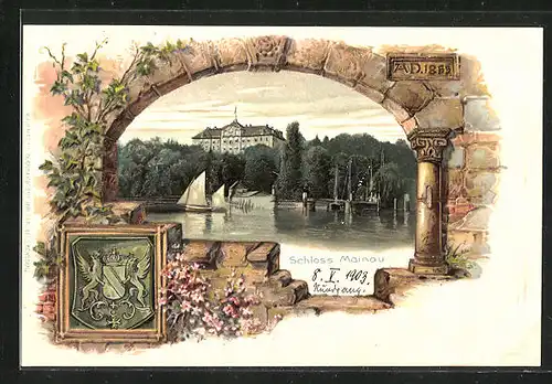 Passepartout-Lithographie Mainau, Blick auf das Schloss der Insel, Wappen