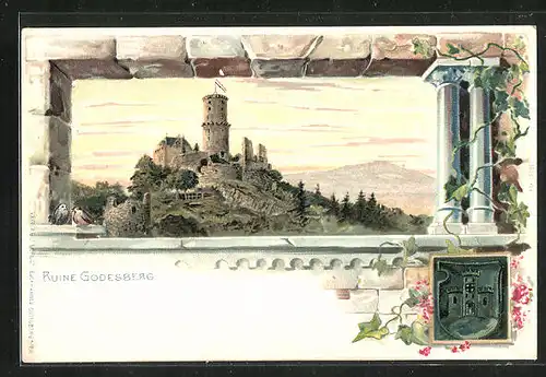 Passepartout-Lithographie Godesberg, Ruine Godesberg vom Wasser aus, Wappen