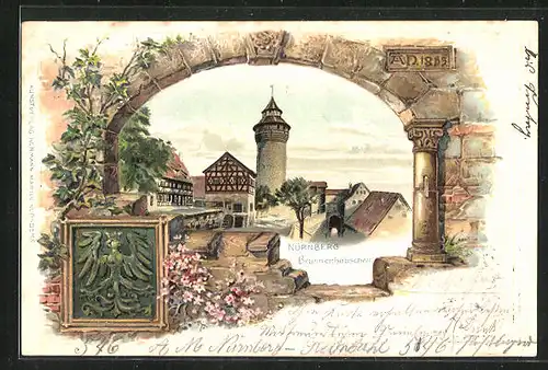 Passepartout-Lithographie Nürnberg, Blick aufs Brunnenhäusschen, Wappen