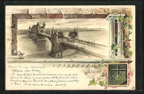 Passepartout-Lithographie Bonn, Die neue Rheinbrücke, Wappen