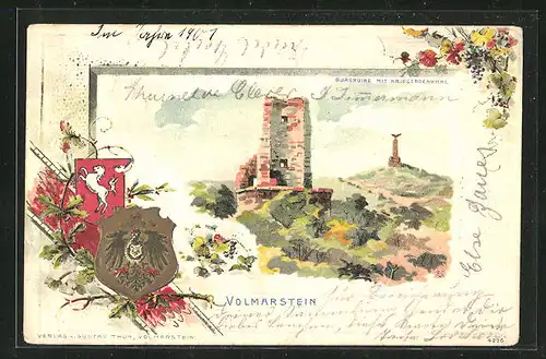 Passepartout-Lithographie Volmarstein, Burgruine mit Kriegerdenkmal