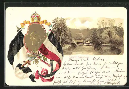 Passepartout-Lithographie Christianenthal, Blick auf eine Wassermühle, Wappen