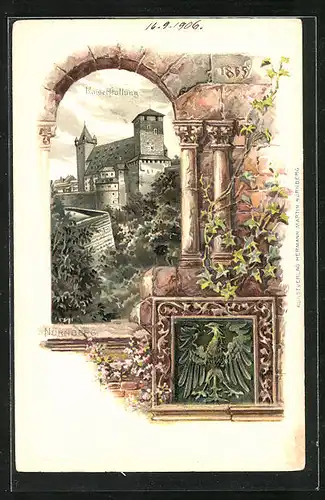 Passepartout-Lithographie Nürnberg, Sicht auf die Kaiserstallungen, Wappen