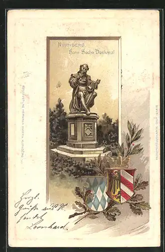 Passepartout-Lithographie Nürnberg, Hans-Sachs-Denkmal, Wappen