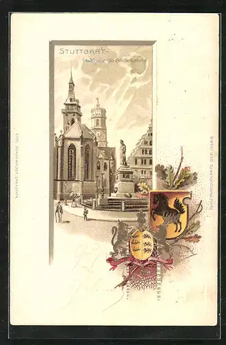 Passepartout-Lithographie Stuttgart, Stadtkirche mit Schillerdenkmal, Wappen
