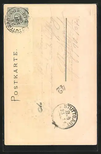 Passepartout-Lithographie Stuttgart, Stadtkirche mit Schillerdenkmal, Wappen