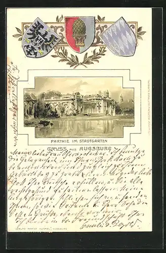 Passepartout-Lithographie Augsburg, Partie im Stadtgarten, Wappen