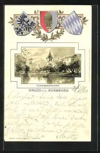 Passepartout-Lithographie Augsburg, Blick auf den Fünfgradturm, Wappen
