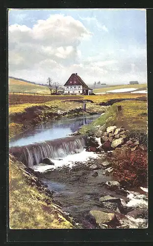 Künstler-AK Photochromie Nr.: Fürstenau, Flusspartie mit Wasserfall im Vorfrühling