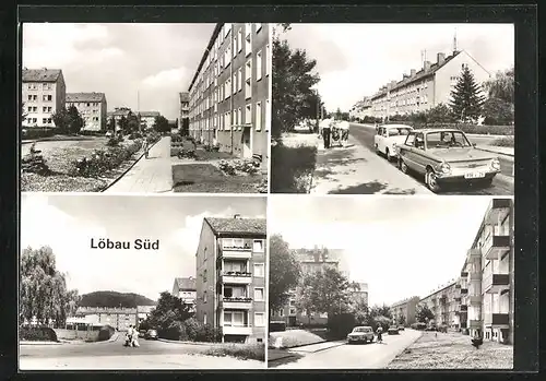 AK Löbau, Strassenpartien mit Wohnhäusern, Fussgängern und Trabant