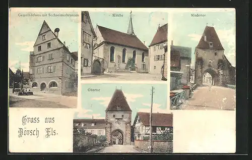 AK Boersch /Elsass, Gemeindehaus mit Sechseimerbrunnen, Kirche, Niedertor