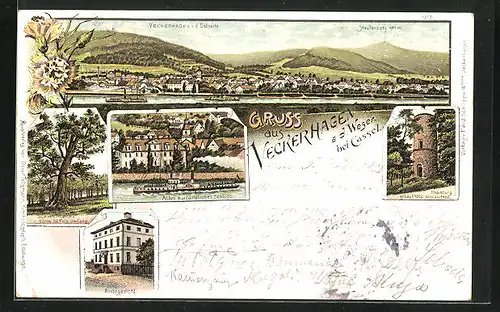 Lithographie Veckerhagen /Weser, Amtsgericht, Panorama, Altes kurfürstliches Schloss