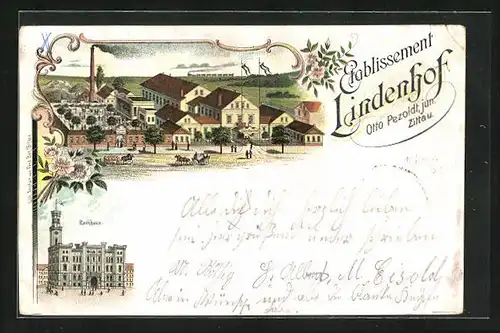 Lithographie Zittau, Gasthaus Lindenhof, Rathaus