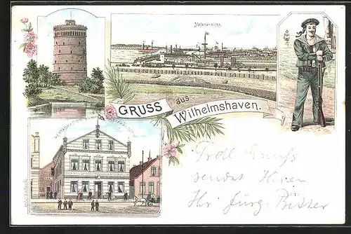 Lithographie Wilhelmshaven, Restaurant zum Kyffhäuser, Hafenpartie, Matrose