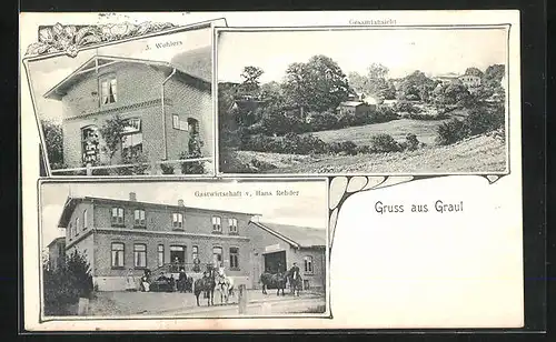 AK Grauel, Gasthaus v. Hans Rehder, Geschäft v. J. Wohlers