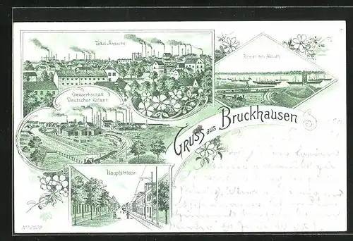 Lithographie Bruckhausen, Totalansicht, Gewerkschaft Deutscher Kaiser, Hauptstrasse