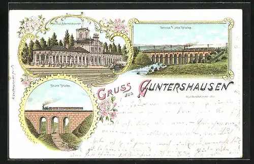 Lithographie Guntershausen, Grosse Fulda Brücke, Bahnhof
